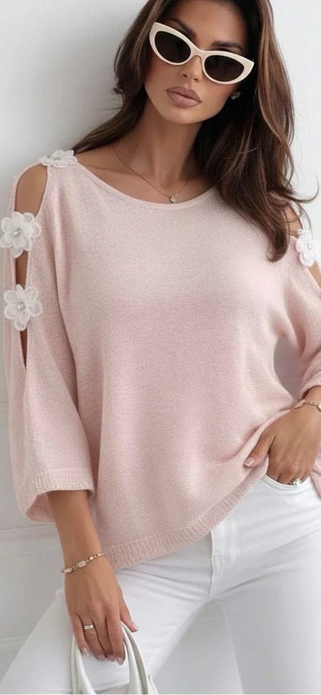 Emma Floral Applique Cold shoulder lightweight Open knit Top