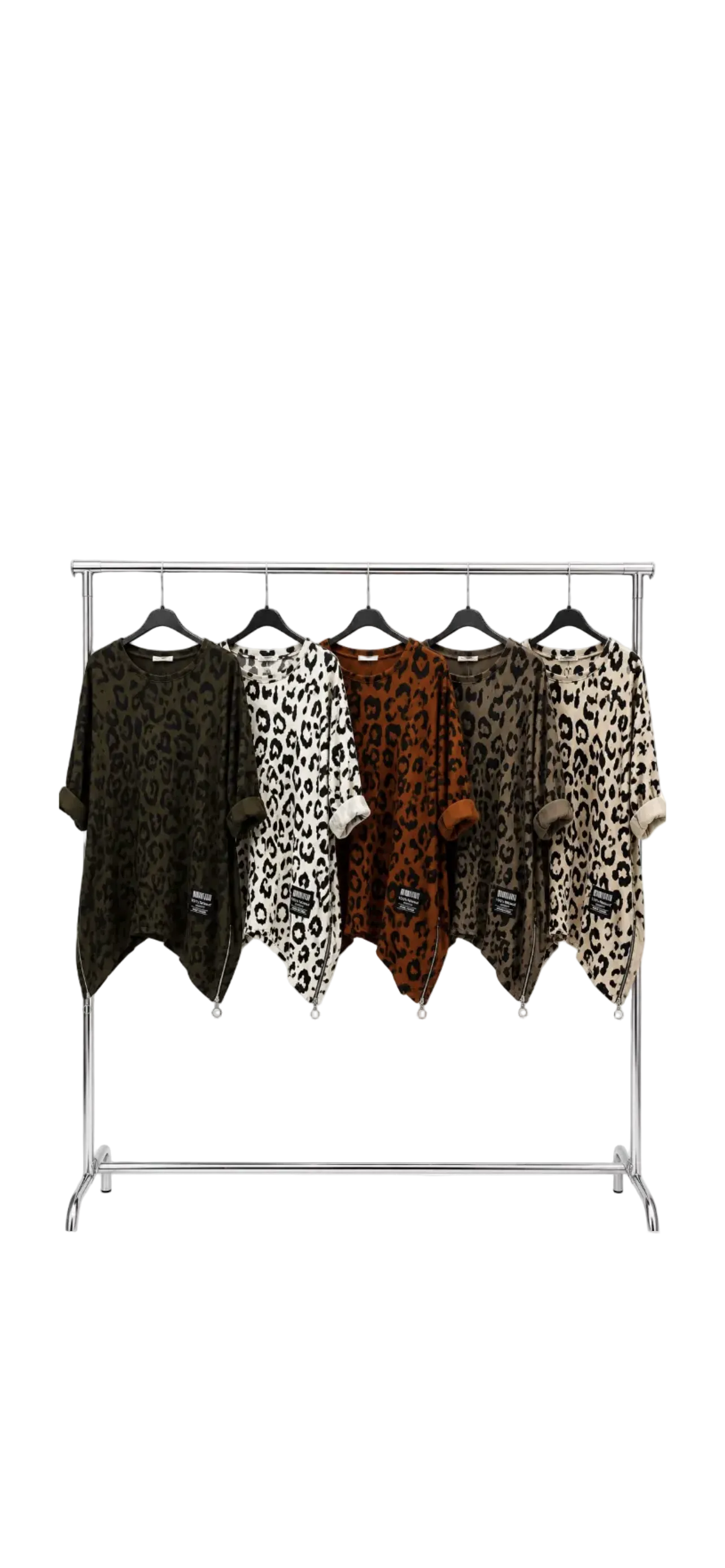 5 asymmetrical leopard print tops on a rail with a white background