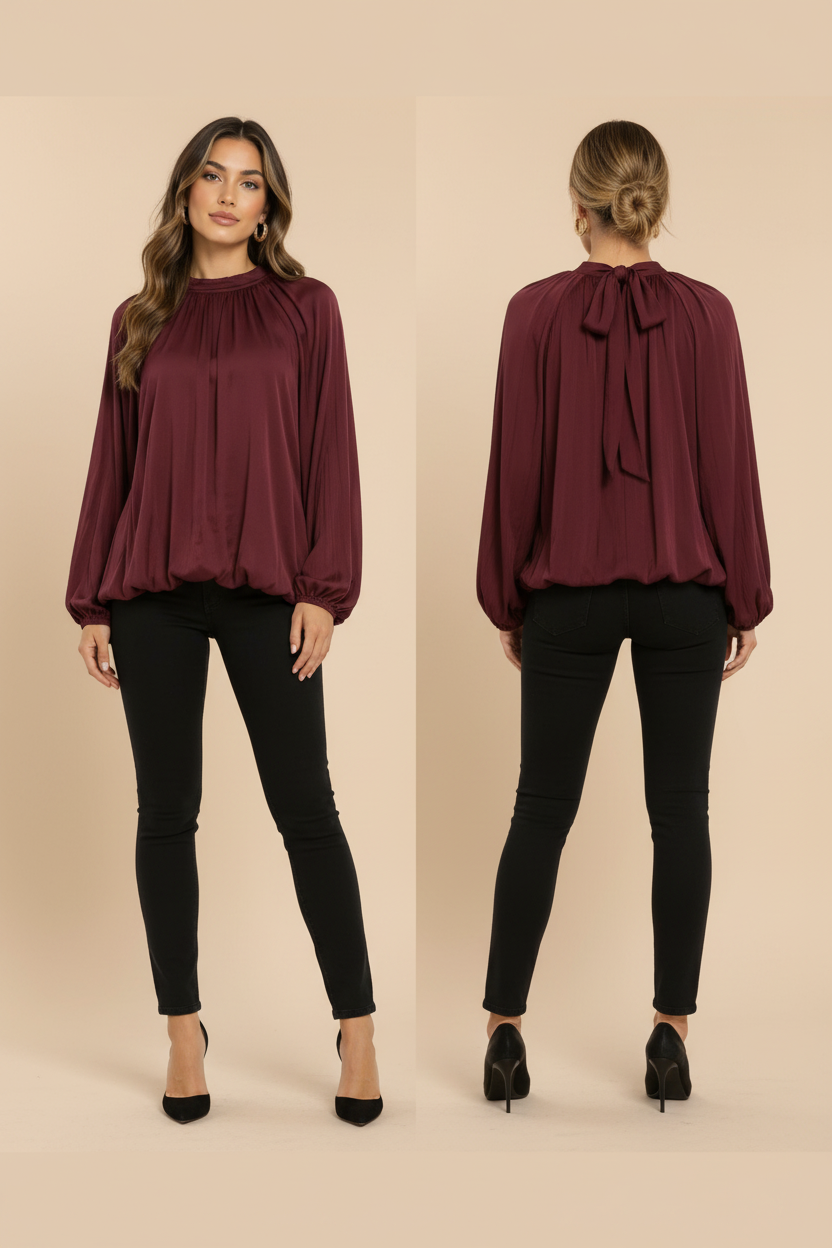 A woman modeling a long-sleeve burgundy blouse with a gathered neckline and large back bow, shown in front and back views against a plain beige studio background.