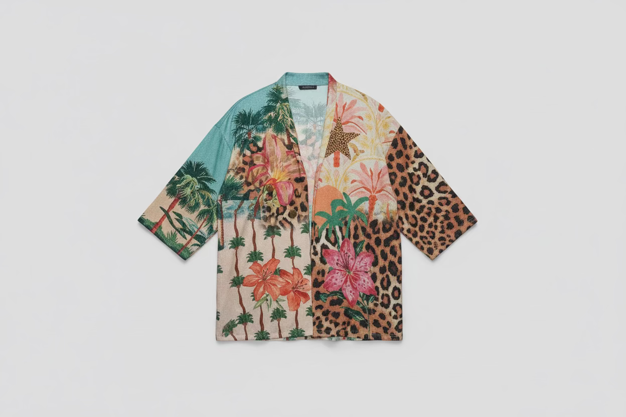 Colorful patterned shirt with floral and leopard print on a light gray background