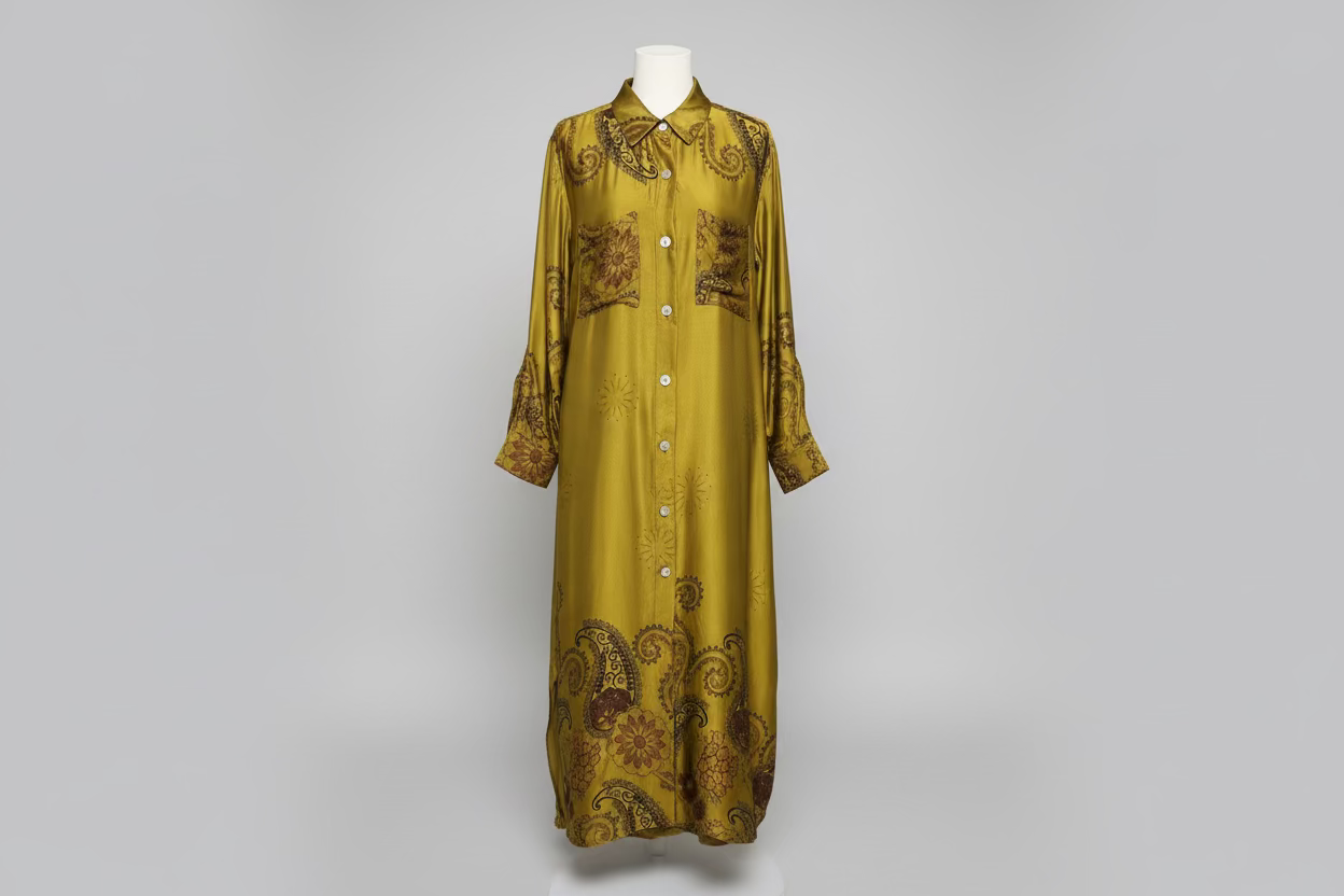 Long mustard yellow dress with floral patterns on a mannequin against a gray background