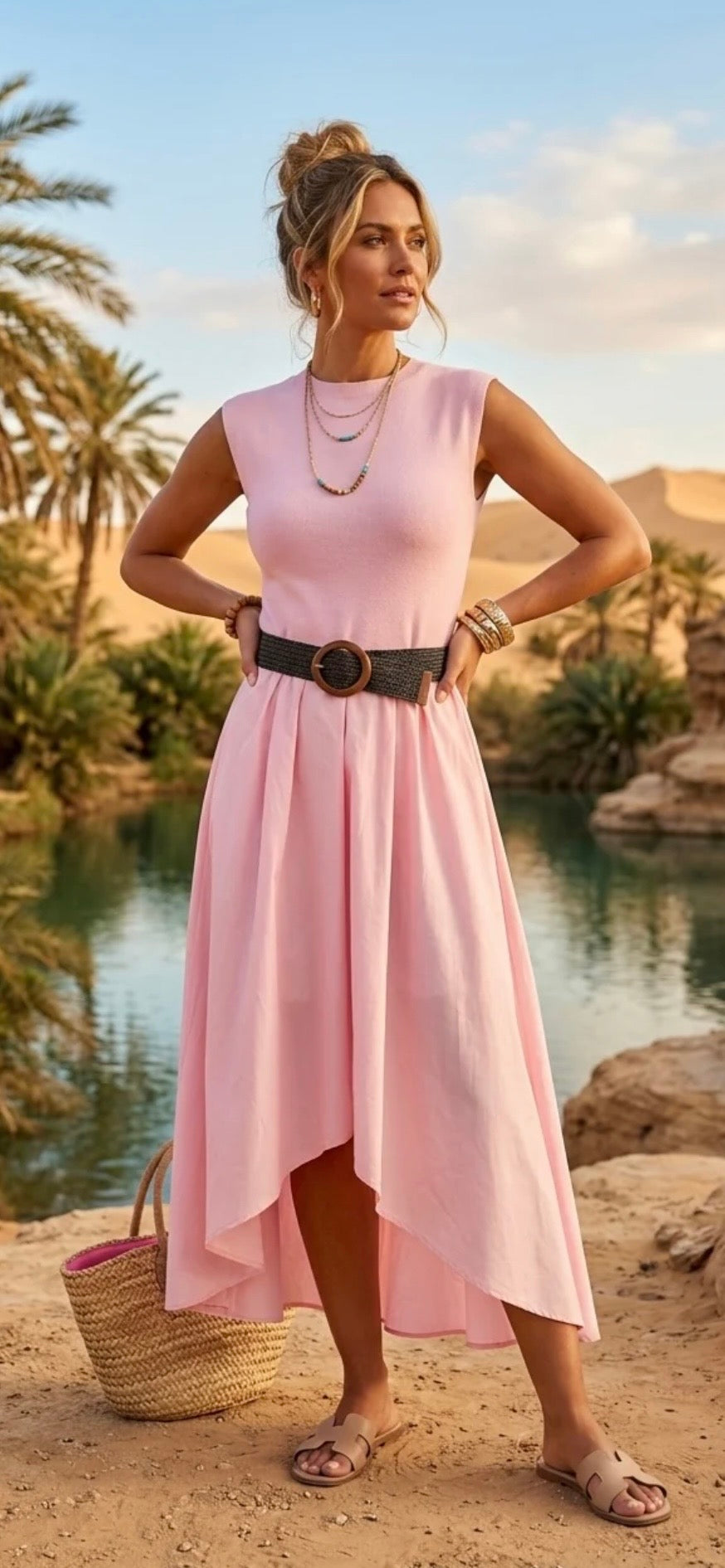 Woman in a pink dress standing by a scenic lake with palm trees.