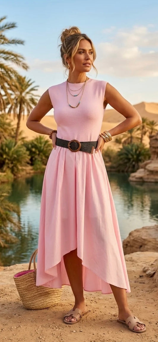 Woman in a pink dress standing by a scenic lake with palm trees.