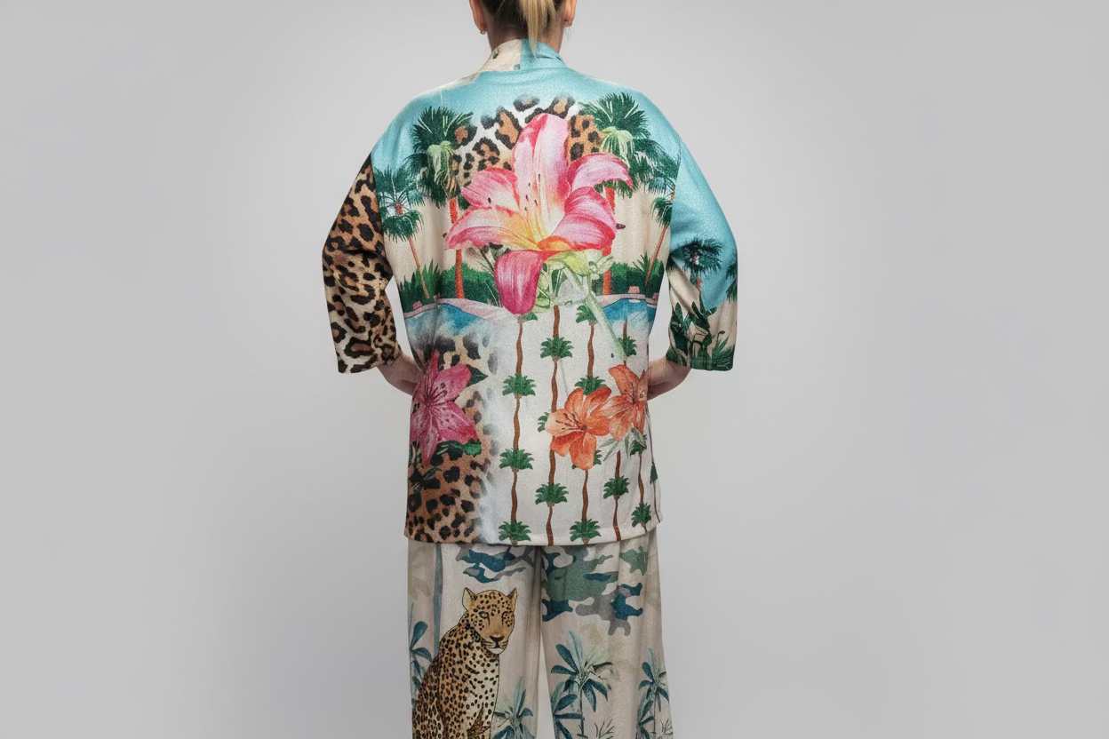 Person wearing a colorful floral and leopard print outfit on a plain background