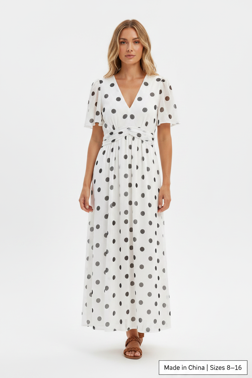 Woman wearing a white dress with black polka dots on a white background