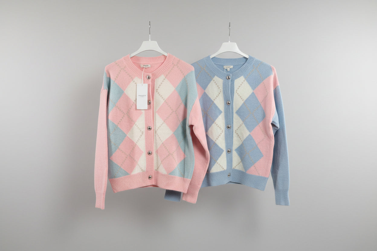 Gold Button Argyle Print Cardigan