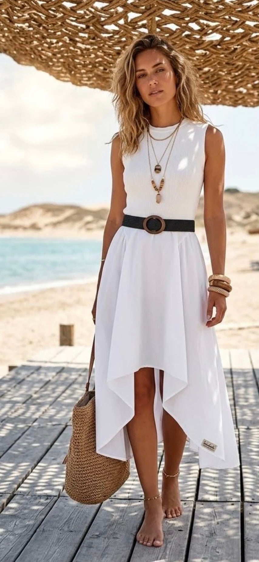 Woman in a white dress with a black belt standing on a wooden deck by the beach.