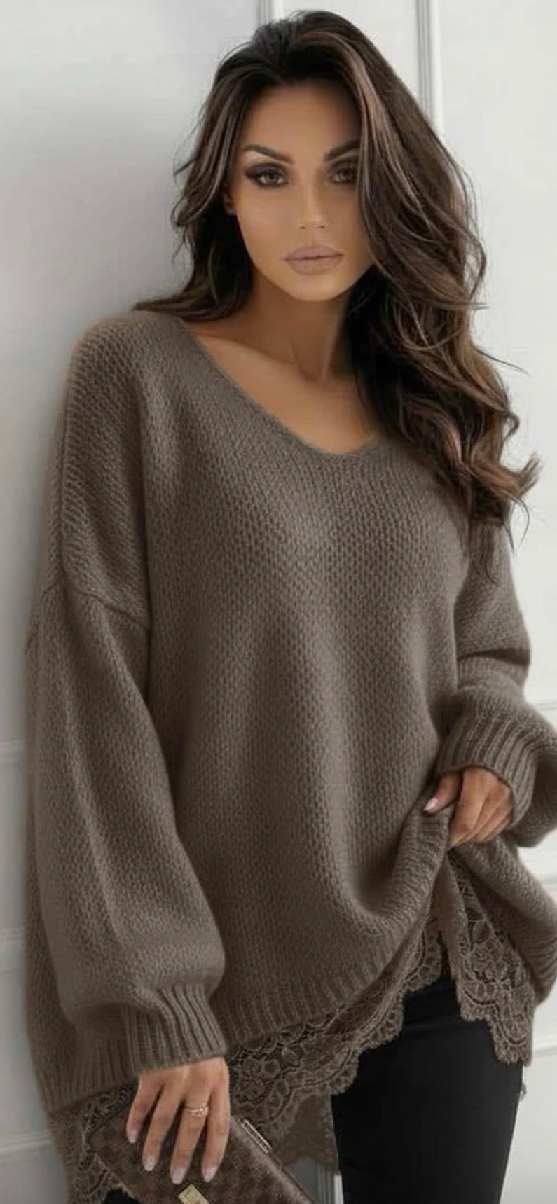 Sola Oversized Lace Hem V Neck Jumper