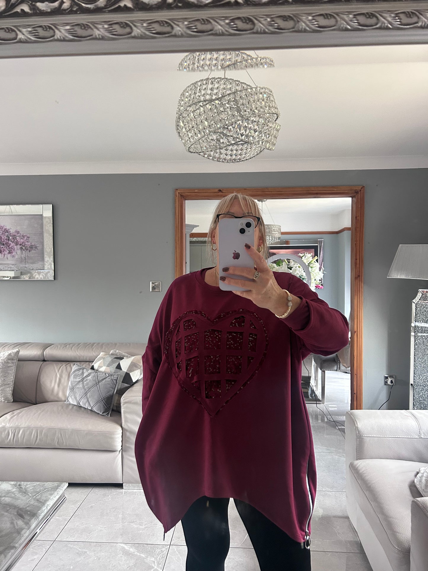 Lowan Sequin Heart Scuba Top - Festive Asymmetric Sweater