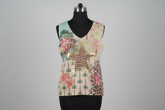 Sleeveless top with floral and leopard print design on a mannequin against a gray background