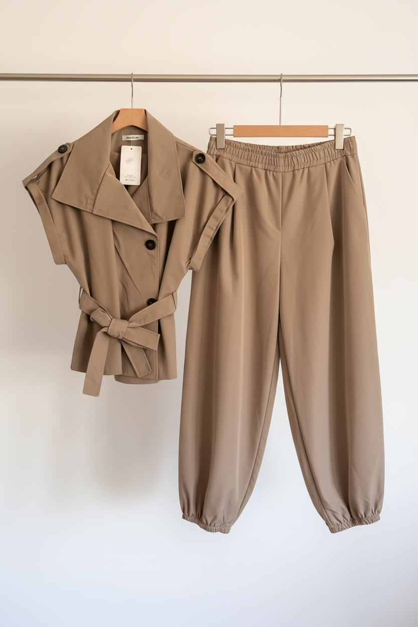 A two-piece women's outfit set in a warm taupe-brown color, featuring a belted double-breasted vest and matching wide-leg cropped pants, hanging on wooden hangers against a plain white wall.