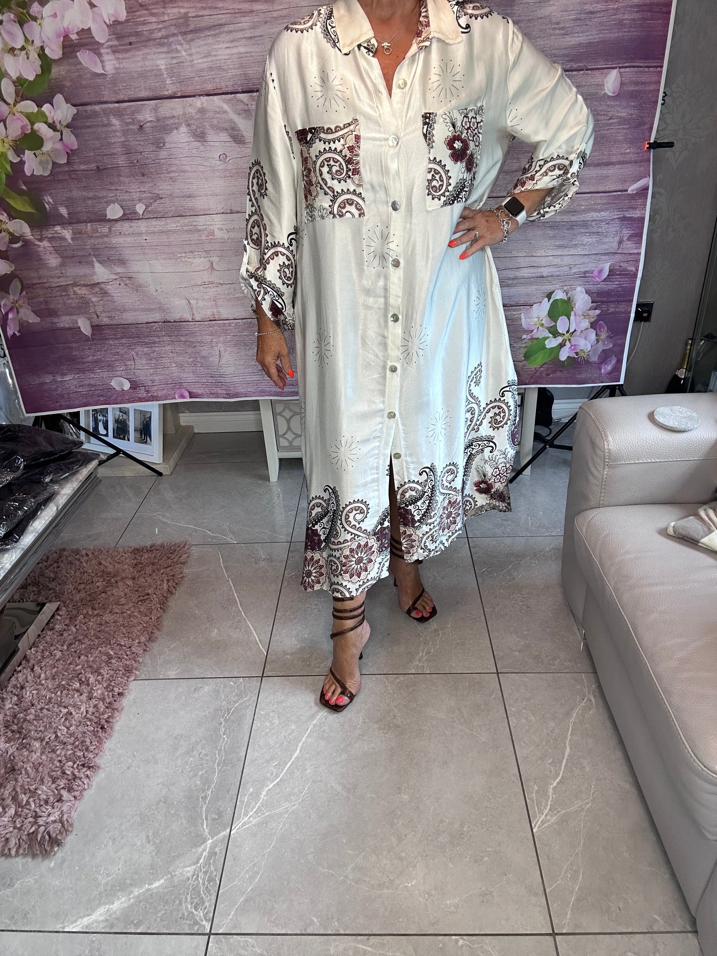 Satin print shirt dress