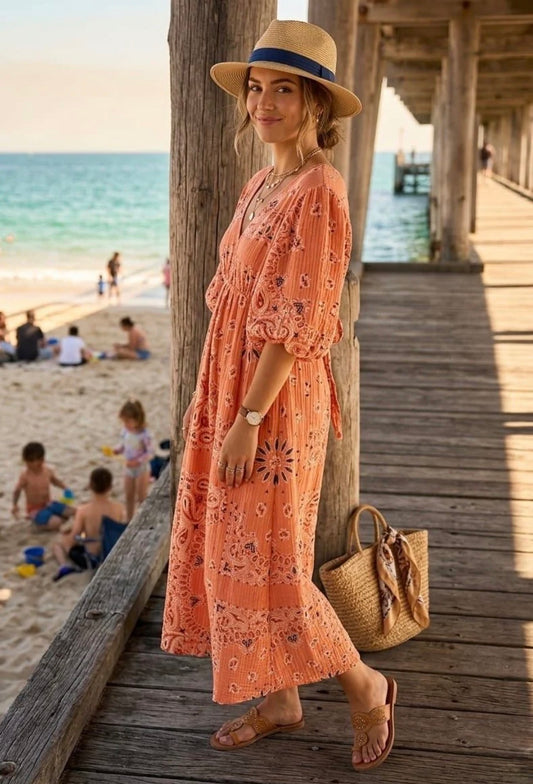 Mia Printed cotton v neck dress